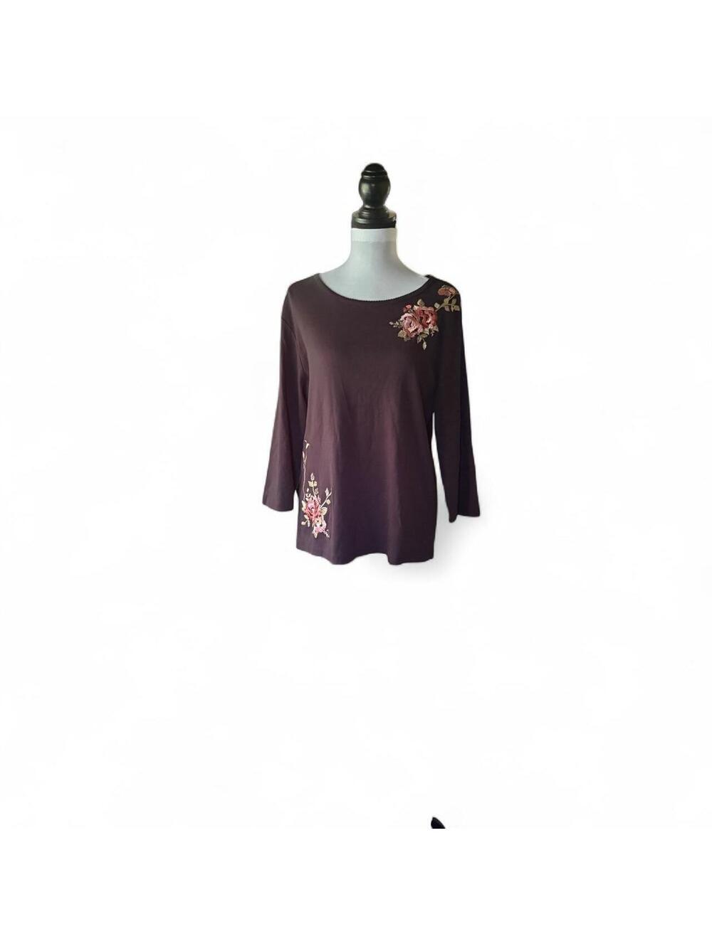 Karen Scott Black Cotton Blouse with Floral Embroidery, Size L